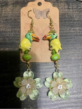 Hand Crafted Yellow and Green Toucan Sam Flower Power Dangle Earrings